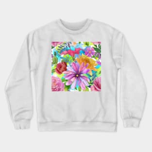 Tropical flowers watercolor print. Hibiscus, Peony, Star Magnolia, Chrysanthemum flowers. Colorful summer jungle Crewneck Sweatshirt